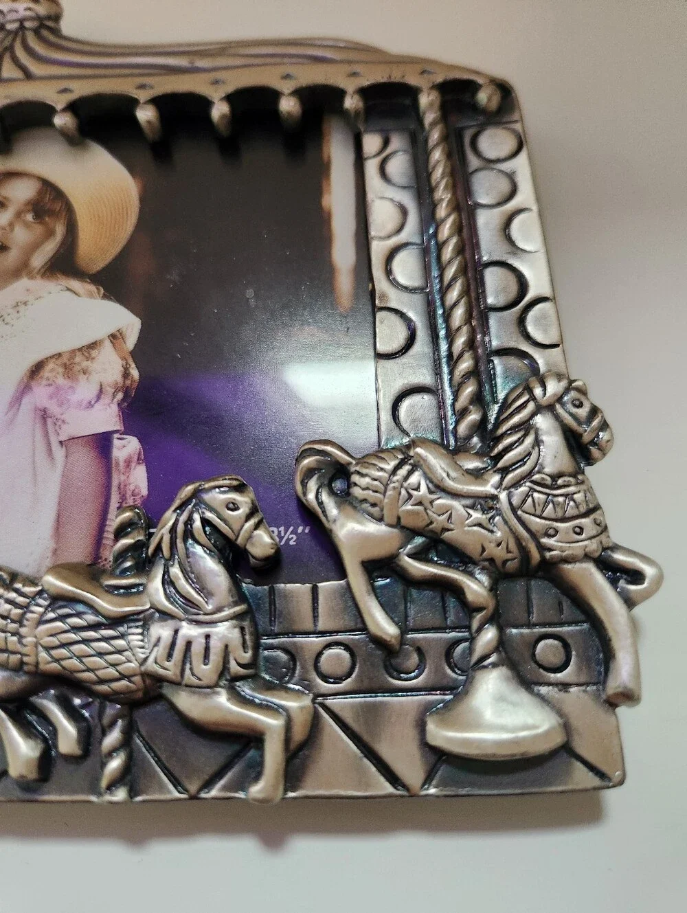Vintage Carousel Horse Picture Frame Silver Tone Nursery Decor 3.5x5